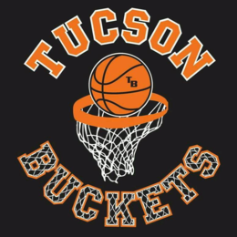 A basketball hoop with the words tucson buckets underneath it.