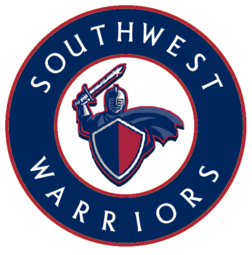 A logo of southwest warriors with a knight in the middle.