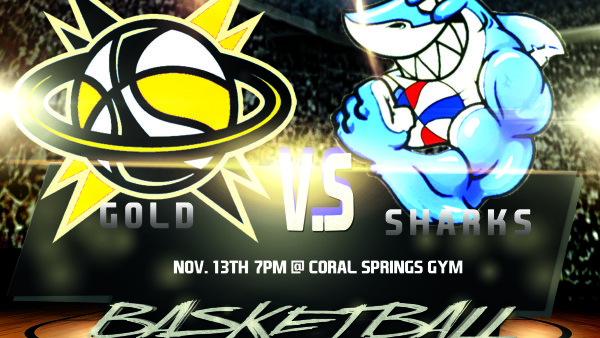 A basketball game with the logo for gold vs shark.