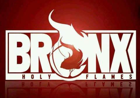 A red and white logo for bronx holy flames.