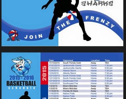 A basketball schedule with a player in the middle of it.