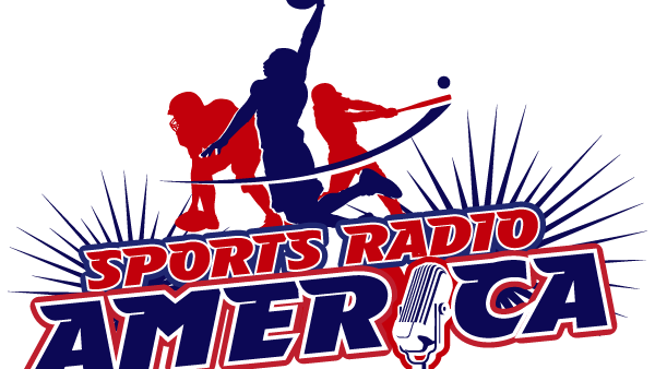 A sports radio america logo with a microphone in the background.