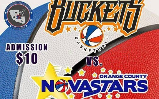 A basketball game with the tucson buckets and orange county novstars.