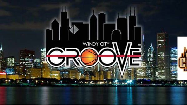 A city skyline with the words windy city groove in front of it.