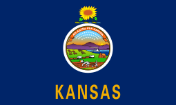 A blue flag with the state seal of kansas on it.