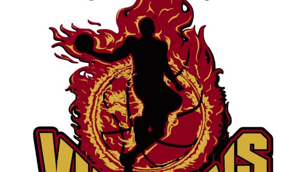 A logo of a basketball player in the middle of flames.