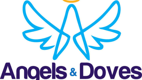 A blue and white logo of angels and doves.