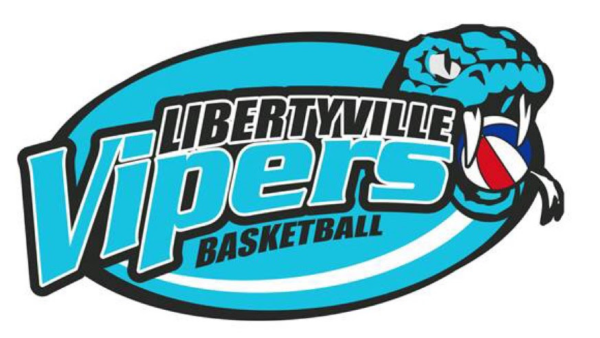 A blue and white logo for the libertyville vipers basketball team.