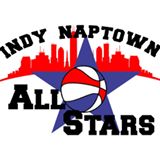 A red, white and blue star with the words indy naptown all stars written underneath it.