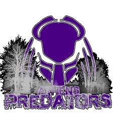 A purple and white logo with trees in the background.