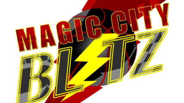 A red and yellow logo for magic city blitz.