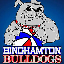 A bulldog holding onto a ball with the words binghamton bulldogs underneath it.