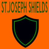 A green and black shield on an orange background