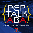 A blue and yellow logo for pep talk aba.