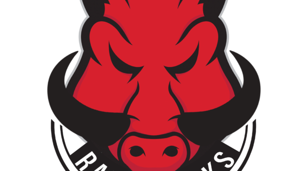 A red razorback logo on a black background.