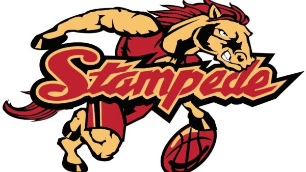 Stampede mascot dribbling basketball.