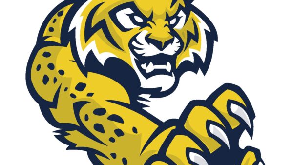 A yellow and black logo of a tiger