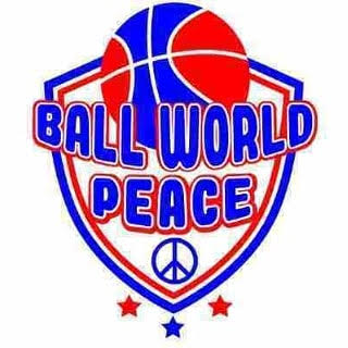 A ball world peace logo with a basketball and stars.