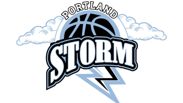 A basketball team logo with the name of portland storm.