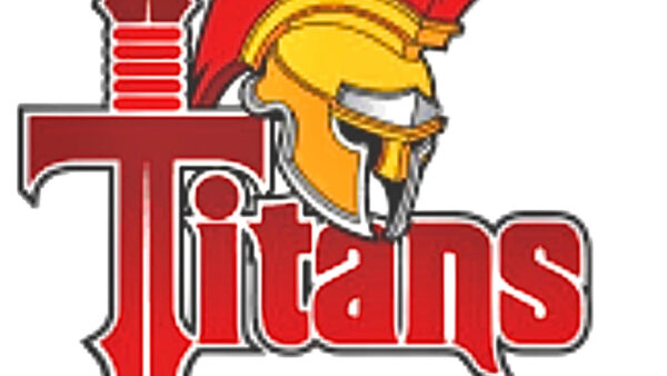 Red and gold Titans logo with sword.