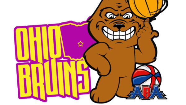 A cartoon bear holding a basketball in front of the ohio bruins logo.